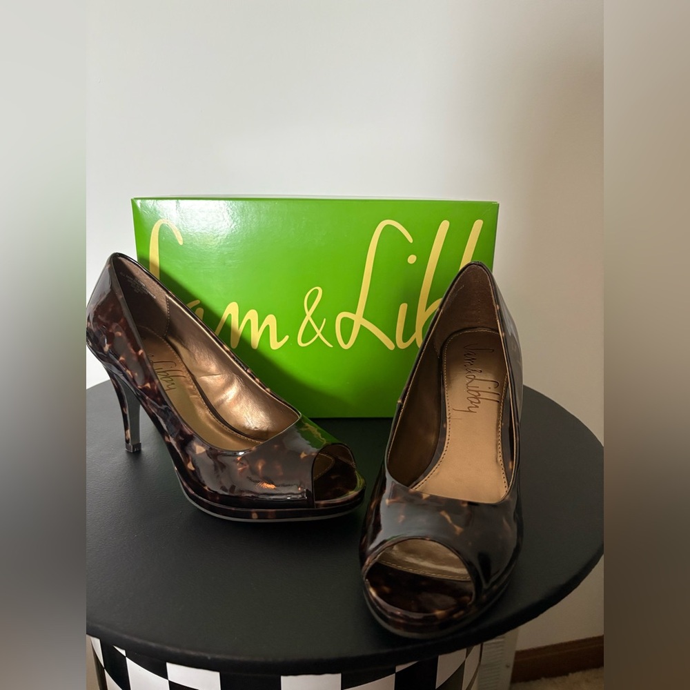 Sam & Libby Metallic Brown Animal Print Peep-Toe High Heels New in Box. Sz 8